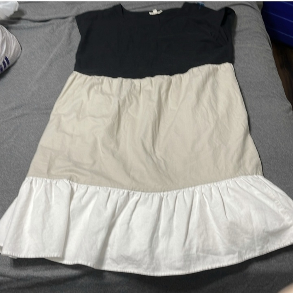 Black and Beige Colorblock Linen Dress